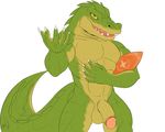  abs balls big_muscles circumcised crocodile front_view half-erect holding_object humanoid_penis league_of_legends looking_at_viewer male muscular open_mouth pecs penis renekton reptile scalie seyrmo sharp_teeth signature solo standing teeth video_games 