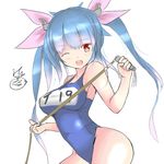  blue_hair fang hair_ribbon i-19_(kantai_collection) jotarozaku kantai_collection long_hair name_tag one-piece_swimsuit one_eye_closed red_eyes ribbon school_swimsuit solo star star-shaped_pupils swimsuit symbol-shaped_pupils twintails whip 