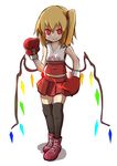  :d alternate_costume black_legwear blonde_hair blush boxing boxing_gloves clenched_teeth commentary_request crystal demon_wings flandre_scarlet full_body glowing glowing_eyes highres jpeg_artifacts kumo_(atm) looking_at_viewer navel open_mouth red_eyes shaded_face short_hair side_ponytail simple_background sleeveless smile solo teeth thighhighs touhou v-shaped_eyebrows vampire white_background wings zettai_ryouiki 