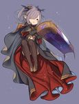  :o bangs black_gloves blunt_bangs brown_eyes brown_legwear cape coffin convenient_leg full_body gloves granblue_fantasy hair_over_one_eye half_updo hanarito highres looking_at_viewer nio_(granblue_fantasy) parted_lips pointy_ears ponytail purple_background purple_hair simple_background solo thighhighs thighs tsurime 