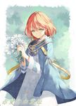  akagami_no_shirayukihime baiguiyu blush brown_hair cloak closed_mouth copyright_name dress earrings flower gem green_eyes holding holding_flower jewelry long_sleeves looking_at_viewer rounded_corners shirayuki_(akagami_no_shirayukihime) short_hair smile solo white_flower 