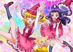 :o ;d arms_up asahina_mirai bear black_legwear blonde_hair blue_eyes bow broom broom_riding creature floral_background full_body half_updo hanzou hat hat_removed headwear_removed izayoi_liko kneehighs long_hair magic_school_uniform mahou_girls_precure! mofurun_(mahou_girls_precure!) multicolored multicolored_background multiple_girls one_eye_closed open_mouth outstretched_hand pink_footwear pink_skirt plaid plaid_bow precure purple_eyes purple_hair red_hat shoes short_hair skirt smile star star_in_eye symbol_in_eye wand 