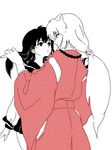  1girl animal_ears dog_ears eyeshadow hair_grab higurashi_kagome holding_another's_hair inuyasha inuyasha_(character) jewelry long_hair looking_at_another makeup monochrome necklace pearl_necklace sketch spot_color ukyou_(sakyoo) wide_sleeves 
