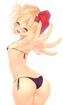  ^_^ ^o^ ass bad_id bad_twitter_id bare_back bikini black_bikini blush breasts butt_crack closed_eyes cowboy_shot duplicate eyebrows eyebrows_visible_through_hair fang hair_ribbon micro_bikini nose_blush open_mouth outstretched_arms palms red_ribbon ribbon rukitsura rumia side-tie_bikini sideboob simple_background small_breasts smile solo standing swimsuit tooth touhou white_background 