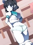  ass black_eyes black_hair blush doku_corne downscaled dutch_angle from_behind hat highres looking_at_viewer looking_back md5_mismatch murasa_minamitsu panties puffy_sleeves resized sailor_hat shirt short_hair short_sleeves skirt skirt_pull solo sweatdrop touhou underwear white_skin 