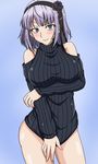  bad_id bad_pixiv_id bare_shoulders blue_background blush bottomless breast_hold breasts clothes_tug contrapposto cowboy_shot dagashi_kashi hair_ribbon hairband kuro_hopper large_breasts looking_at_viewer naked_sweater purple_hair ribbed_sweater ribbon ringed_eyes shidare_hotaru short_hair solo standing sweater sweater_tug 