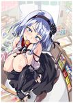  ass blue_eyes blue_hair breasts condom condom_in_mouth dagashi_kashi detached_sleeves hairband kisairo_kaede large_breasts mouth_hold off_shoulder open_clothes panties panties_under_pantyhose pantyhose shidare_hotaru shop solo underwear 