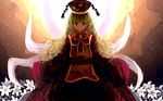  akaiha_(akaihasugk) backlighting blonde_hair chinese_clothes dress flower fox_tail gradient gradient_background hat junko_(touhou) light_particles long_hair long_sleeves looking_at_viewer multiple_tails red_eyes ribbon sash smile solo tabard tail touhou wide_sleeves 