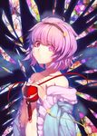  bangs blood bloody_tears collarbone crying hairband heart kaiza_(rider000) komeiji_satori long_sleeves looking_at_viewer off_shoulder open_clothes pink_eyes pink_hair short_hair solo stained_glass third_eye touhou upper_body wide_sleeves 
