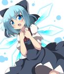  blonde_hair blue_dress blue_hair bow cirno do_(4-rt) dress dutch_angle fang flying_sweatdrops hair_bow hands_on_own_chest highres ice ice_wings looking_at_viewer open_mouth puffy_short_sleeves puffy_sleeves shirt short_sleeves solo touhou wings 