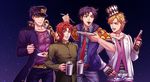  blonde_hair blue_eyes bottle bow caesar_anthonio_zeppeli chain choker coffee_mug cup earrings eating facial_mark fingerless_gloves food food_in_mouth fork gakuran gloves green_eyes hand_on_hip hat height_difference jacket jewelry jojo_no_kimyou_na_bouken joseph_joestar_(young) kakyouin_noriaki kuujou_joutarou lanxjourney mug necktie open_mouth pasta plate purple_eyes purple_hair red_hair school_uniform sky smile soda_bottle spaghetti star_(sky) starry_sky top_hat winged_hair_ornament 