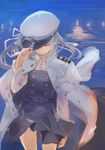  blazer closed_eyes hat jacket kantai_collection kasumi_(kantai_collection) long_hair naruse_chisato peaked_cap remodel_(kantai_collection) school_uniform side_ponytail silver_hair skirt smile solo 