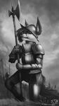  anthro armor axe canine chanrom fangs fox invalid_tag looking_at_viewer male mammal melee_weapon monochrome outside solo teeth weapon 