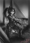  anthro canine chanrom clothed clothing female fox mammal monochrome on_one_knee ranged_weapon smile solo weapon 