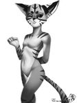  anthro breasts chanrom featureless_breasts featureless_crotch feline female invalid_tag looking_at_viewer mammal monochrome navel nude one_eye_closed simple_background small_breasts smile solo teeth white_background 
