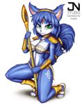  2018 anthro bikini bikini_top black_nose blue_fur breasts canine choker cleavage clothed clothing female footwear fox fur green_eyes holding_object holding_weapon jewelry jnstudio kneeling krystal krystal&#039;s_staff loincloth looking_at_viewer mammal markings midriff multicolored_fur necklace nintendo pendant sandals shoulder_pads simple_background smile solo staff star_fox swimsuit tribal_markings two_tone_fur video_games weapon white_background white_fur 