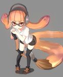  :p black_legwear black_shorts domino_mask full_body grey_background headphones highres hosoi_sen inkbrush_(splatoon) inkling leaning looking_at_viewer mask mismatched_legwear orange_eyes orange_hair oversized_object paintbrush pointy_ears shirt shoes short_shorts shorts single_vertical_stripe solo splatoon_(series) splatoon_1 standing t-shirt tentacle_hair thighhighs tongue tongue_out white_shirt 