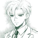  alternate_hairstyle baitu collared_shirt face hatching_(texture) jojo_no_kimyou_na_bouken male_focus monochrome necktie pannacotta_fugo portrait serious shirt solo younger 