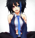  bare_shoulders black_hair blue_eyes detached_sleeves heterochromia mashiro_(sora1031) midriff multicolored_hair necktie open_mouth red_eyes red_hair sitting smile solo tattoo two-tone_hair utau yokune_ruko 