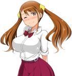  anjou_naruko ano_hi_mita_hana_no_namae_wo_bokutachi_wa_mada_shiranai. aoiakira553 blush bow bowtie breasts brown_eyes brown_hair earrings hair_ornament jewelry large_breasts long_hair looking_at_viewer one_eye_closed school_uniform simple_background skirt sleeves_rolled_up smile solo stud_earrings twintails upper_body white_background 