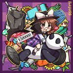  blonde_hair bone bow brown_eyes brown_hair cape flower glasses hat hat_bow open_mouth panda pote_(ptkan) price_tag purple_eyes red-framed_eyewear red_eyes riding rock runes shanghai_doll smile solo sunflower tire touhou usami_sumireko 