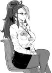  1girl black_skirt borrowed_character collared_shirt commission expressionless glasses greyscale halftone highres kirby kirby_(series) long_hair long_sleeves monochrome multicolored_hair name_tag norman_maggot original pantyhose phayla_(mr_december206) shirt sitting skirt solo two-tone_hair white_shirt 