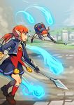  battle_mage_(dungeon_and_fighter) city dungeon_and_fighter fire mage_(dungeon_and_fighter) magic multiple_girls pointy_ears polearm ponytail red_hair segamark spear staff weapon 