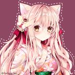  animal_ears artist_name blonde_hair blush brown_eyes butterfly_hair_ornament cat_ears dotted_line eyebrows eyebrows_visible_through_hair eyelashes floral_print hair_between_eyes hair_ornament japanese_clothes kimono long_hair looking_at_viewer nanase_kureha nanase_nao original red_background red_ribbon ribbon sash sidelocks simple_background solo upper_body very_long_hair 