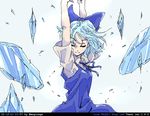  arms_up bad_id bad_pixiv_id blue_dress blue_hair blue_sky bow cirno closed_eyes collared_shirt dated day dress energy hair_bow hands_above_head ice_crystal motegi_hisashi ribbon shirt sky solo touhou white_shirt 