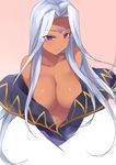  aa_megami-sama bad_id bad_pixiv_id blush breasts dark_skin facial_mark forehead_mark large_breasts long_hair looking_at_viewer off_shoulder purple_eyes silver_hair smile solo upper_body urd yostxxx 