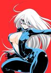  aoiakira553 black_cat_(marvel) blue_eyes bodysuit breasts center_opening choker cleavage felicia_hardy full-length_zipper large_breasts long_hair marvel mask midriff navel red_background skin_tight solo underboob unzipped white_hair zipper 