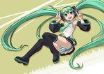  detached_sleeves double_v green_eyes green_hair hatsune_miku headphones headset long_hair necktie segamark skirt solo thighhighs twintails v very_long_hair vocaloid 