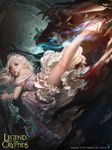  artstation_sample battle blonde_hair blue_eyes commentary dong-wook_shin dress highres image_sample kicking legend_of_the_cryptids lips long_hair mage nose off-shoulder_dress off_shoulder princess princess_rodes realistic solo_focus tiara 