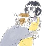  1girl alternate_hair_length alternate_hairstyle apron black_hair blue_eyes brown_hair closed_eyes couple hetero hug husband_and_wife kitashirakawa_tamako momose_(oqo) ooji_mochizou short_hair tamako_market 