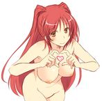  breasts brown_eyes heart heart_hands jpeg_artifacts kousaka_tamaki large_breasts long_hair looking_at_viewer nipples nude red_hair simple_background smile solo theta_(ponkotsu_works) to_heart_2 two_side_up white_background 