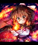  brown_eyes cape dress fire flame glasses hat long_sleeves pote_(ptkan) purple_dress red-framed_eyewear shirt smile solo touhou usami_sumireko 