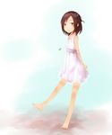  arms_behind_back bad_id bad_pixiv_id barefoot blush brown_eyes brown_hair dress fujimiya_kaori hair_bun highres isshuukan_friends jewelry liu_tian pendant see-through solo white_dress 