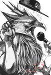  ambiguous_gender anthro avian beak chanrom gryphon hat microphone monochrome open_mouth simple_background solo white_background 