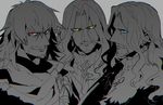  armor blue_eyes earrings facial_hair fate/apocrypha fate/extra fate/grand_order fate_(series) glowing glowing_eyes goatee hair_between_eyes jewelry koshiro_itsuki long_hair looking_at_viewer multiple_boys multiple_persona red_eyes spot_color vampire vlad_iii_(fate/apocrypha) vlad_iii_(fate/extra) yellow_eyes 