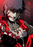  black_sclera blood blood_on_face bloody_hands caligula_(fate/grand_order) clenched_hand fate/grand_order fate_(series) glowing glowing_eyes grin koshiro_itsuki male_focus red_eyes short_hair smile solo 