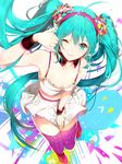  ahoge aqua_eyes aqua_hair bare_arms breasts cleavage detached_collar hairband hatsune_miku highres long_hair looking_at_viewer one_eye_closed phino redial_(vocaloid) skirt small_breasts smile solo spaghetti_strap thighhighs twintails very_long_hair vocaloid wristband zettai_ryouiki 