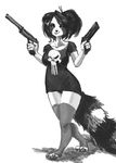  anthro bear chanrom clothed clothing female gun half-closed_eyes handgun invalid_tag mammal monochrome panda pistol ranged_weapon simple_background smile solo weapon white_background 
