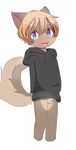  absurd_res auvere balls blonde_hair blue_eyes blush bottomless canine clothing cub flaccid hair hands_behind_back happy hi_res hoodie kemono kiggles looking_at_viewer male mammal open_mouth penis smile young 