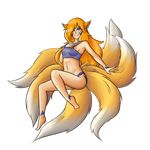  animal_ears ass bare_legs bare_shoulders barefoot blonde_hair bottomless breasts crop_top facial_tattoo fox_ears fox_tail full_body hair_over_one_eye long_hair looking_at_viewer multiple_tails navel original outstretched_arm small_breasts smile solo tail tattoo thundragon transparent_background 