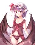  babydoll bad_id bad_pixiv_id bangs bat_wings black_panties blush collarbone cowboy_shot demon_wings fang hand_on_hip hat hat_ribbon lingerie minust mob_cap nail_polish navel negligee open_mouth panties purple_hair red_eyes remilia_scarlet ribbon see-through short_hair simple_background slit_pupils solo standing touhou underwear underwear_only wings 