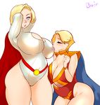  absurdres blonde_hair blue_eyes blush breast_sucking breast_sucking_through_clothes breasts cameltoe cape cleavage cleavage_cutout closed_eyes crossover curvy dc_comics eighth_wonder eyebrows haruka_athena highleg highleg_leotard highres huge_breasts leotard lips lipstick makeup mature multiple_girls pauldrons power_girl red_leotard short_hair superboin superhero thick_thighs thighs trait_connection uchi_no_musume_ni_te_wo_dasuna! white_background yuri 