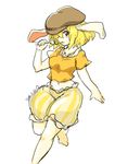  animal_ears artist_name azumaya_toushirou baggy_pants blonde_hair blouse bunny_ears collarbone cowboy_shot dango dated eating flat_cap floppy_ears food hat highres holding looking_at_viewer midriff navel open_mouth orange_shirt pants profile red_eyes ringo_(touhou) sanshoku_dango shirt short_hair short_sleeves signature simple_background sketch skewer solo standing standing_on_one_leg tareme touhou wagashi white_background yellow_pants 