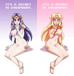  2girls areolae ass barefoot blonde_hair blue_eyes blush breasts elbow_gloves english feet finger_to_mouth gloves hair long_hair looking_at_viewer multiple_girls navel nintendo nipples nopeavi not_furry nude pointy_ears princess_hilda princess_zelda purple_hair red_eyes secret shoulder_pads sitting stomach tattoo text the_legend_of_zelda the_legend_of_zelda:_a_link_between_worlds tiara video_games whispering white_gloves 