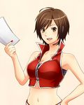  breasts brown_eyes brown_hair cleavage collarbone crop_top hand_on_hip headset holding jacket mashiro_(sora1031) medium_breasts meiko midriff nail_polish navel open_mouth paper red_nails short_hair smile solo upper_body vocaloid zipper 