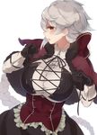  alternate_costume asymmetrical_hair bad_id bad_twitter_id black_gloves blouse braid breasts capelet corset gloves hair_ornament huge_breasts jitome kantai_collection long_hair looking_at_viewer open_mouth silver_hair single_braid solo underbust unryuu_(kantai_collection) upper_body very_long_hair victorian white_blouse yamaarashi yellow_eyes 